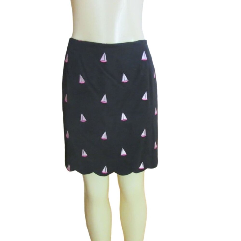 Lilly Pulitzer Black Scalloped Hem Embroidered Pink Sailboats Short Skirt SZ 12